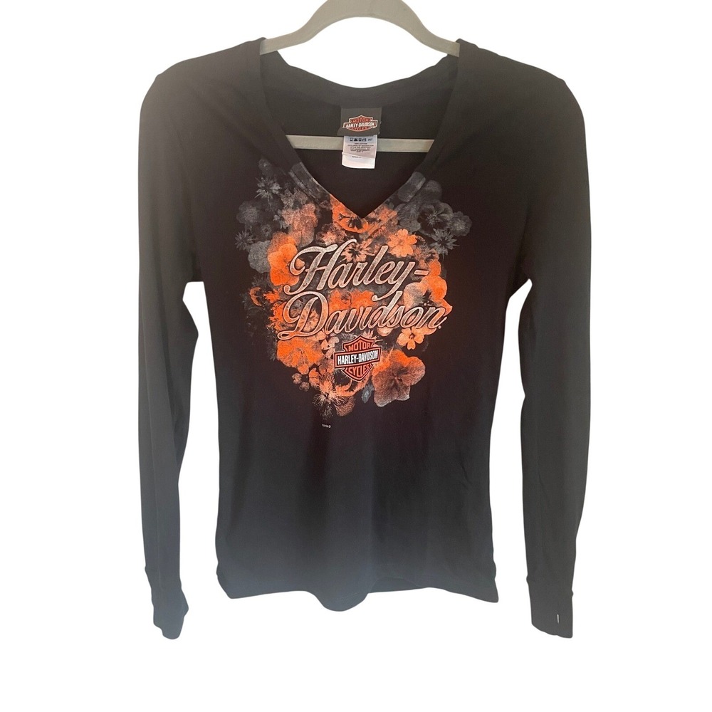 Harley Davidson Womens Black Floral Biker Tee V‎ Neck Long Sleeve Size Small